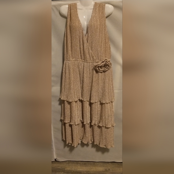 NY & Co🪩🏵️Metallic Plisse Tiered Rosette Dress - Picture 6 of 11
